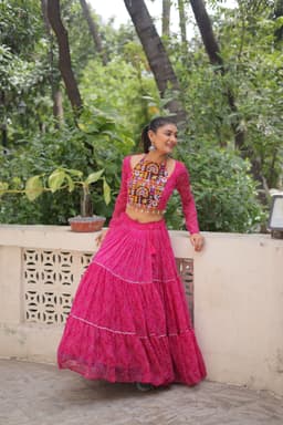 Rani Pink Bandhej Lehenga with Gamthi Work Navratri Style