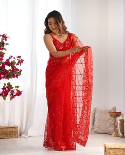 Scarlet Red Sequin Net Saree | Party Glam
