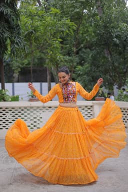 Yellow Bandhej Lehenga with Gamthi Embroidery for Navratri