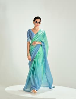 Sky Blue Sea Green Organza Saree for Party Wear