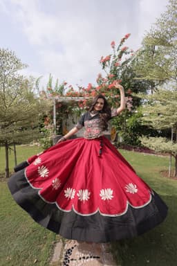 Wine Roman Silk Lehenga with Lotus Gota and Kutchi Gamthi Blouse