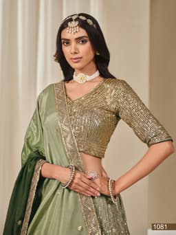 Green Chinon Silk Lehenga Choli
