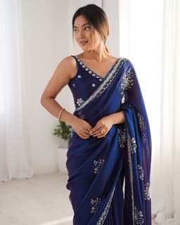 Midnight Blue Satin Saree with Heavy Beads Handwork