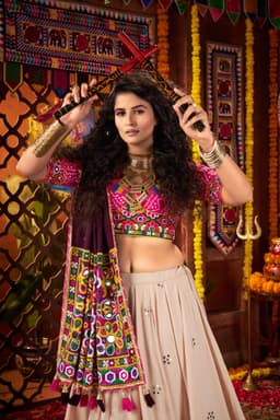 Beige Viscose Cotton Navratri Lehenga Choli with Mirror Work