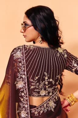 Chocolate Brown Organza Satin Heavy Sequins Wedding Saree
