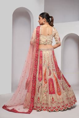 Ivory Banarasi Silk Bridal Lehenga With Peacock Work