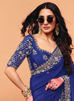 Royal Blue Satin Heavy Sequins Embroidered Wedding Saree