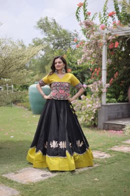 Black & Mustard Lotus Lehenga for Navratri