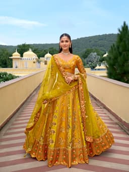 Luxury Mustard Gold Silk Bridal Lehenga Front View