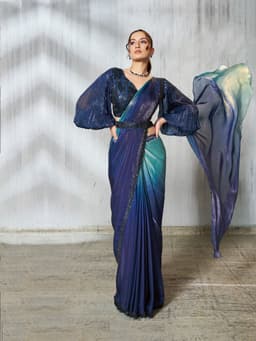 Blue Dual Tone Ready to Wear Satin Saree