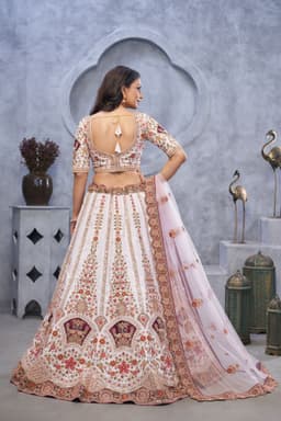 Ivory Purple Peacock Embroidered Banarasi Silk Lehenga