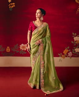 Olive Green Designer Embroidered Saree