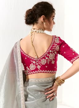 Silver Grey Organza Tissue Party Wear Saree
