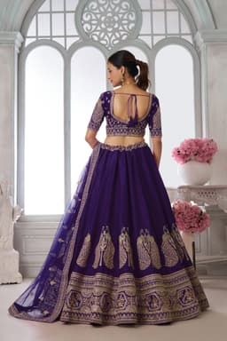 Purple Silk Peacock Embroidered Bridal Wedding Lehenga