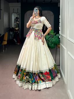 Khadi Cotton Lehenga with Multicolor Panel Border for Garba