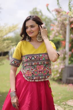 Mustard Wine Lehenga with Lotus Gota & Gamthi Top