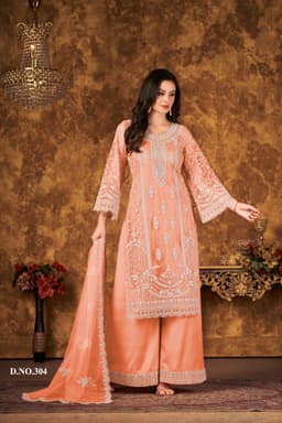 Peach Designer Embroidered Palazzo Suit