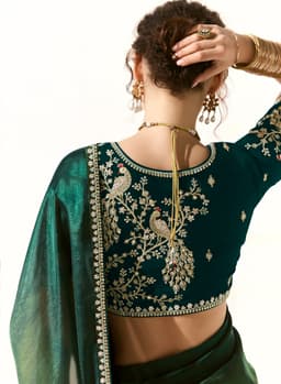 Emerald Green Organza Tissue Party Wear Designer Saree