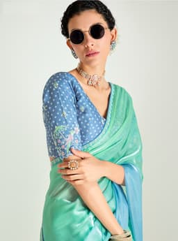 Sky Blue Sea Green Organza Saree for Party Wear