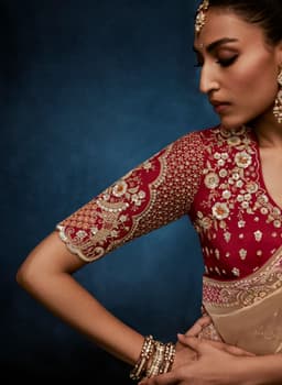 Champagne Gold Fancy Saree with Wine Embroidered Designer Blouse