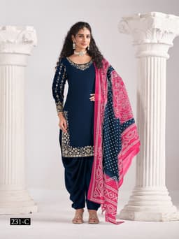 Navy Blue Roman Silk Patiala Suit