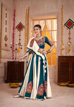 Teal White Viscose Cotton Navratri Lehenga