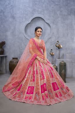 Peach Pink Banarasi Silk Bridal Lehenga for Wedding