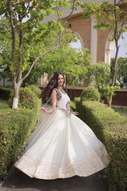 Ivory White Rayon Lehenga with Mukesh & Gamthi Work