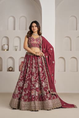 Maroon Crepe Silk Floral Sequins Embroidered Lehenga