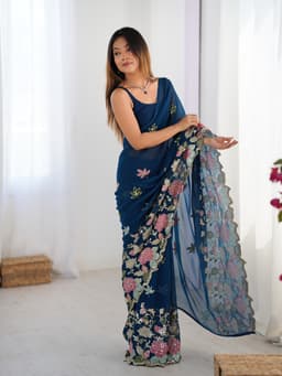Navy Blue Georgette Saree with Multicolor Floral Sequin Embroidery