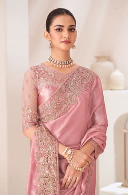 Dusty Rose Satin Chiffon Saree for Party Wear