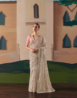 Ivory Beige Floral Embroidered Saree
