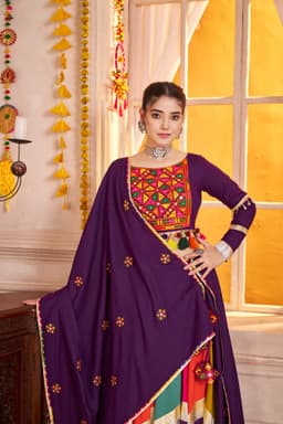 Purple Viscose Cotton Navratri Lehenga