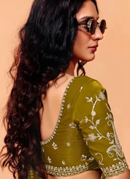 Olive Green Organza Satin Heavy Sequins Mehndi Saree