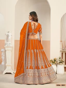 Burnt Orange Faux Georgette Heavy Embroidered Bridal Lehenga