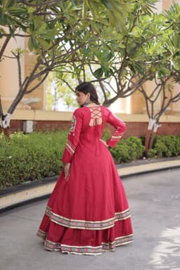 Chaniya Choli in Navratri | Maroon Kora Cotton Lehenga with Long Gamthi Shrug