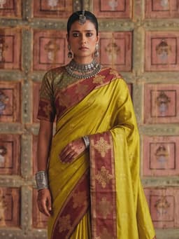 Mustard Yellow Silk Saree with Maroon Woven Border