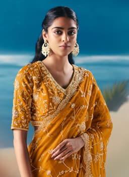 Mustard Yellow Party Wear Satin Organza Saree