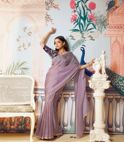 Lavender Embroidered Zari Organza Silk Party Wear Saree