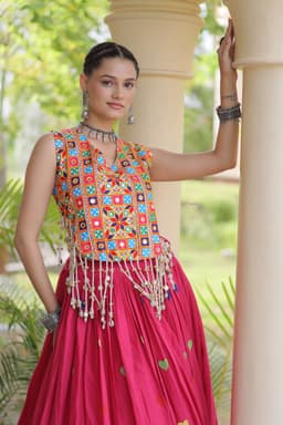 Rani Pink Heart Embroidery Lehenga for Navratri