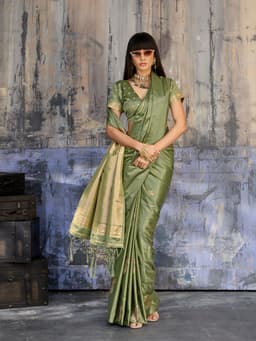 Olive Green Saree with Ornate Gold Pallu