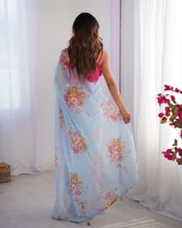 Sky Blue Floral Digital Print Organza Saree with Art Silk Blouse