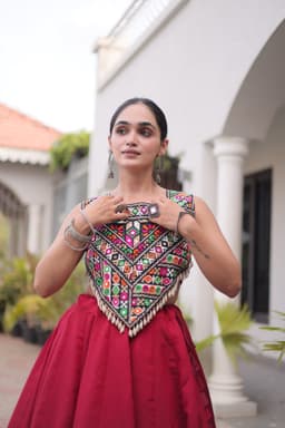 Maroon Roman Lehenga with Kutchi Gamthi Square Neck Blouse