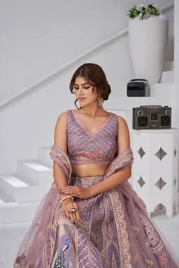 Lavender Raw Silk Peacock Motif Lehenga for Wedding