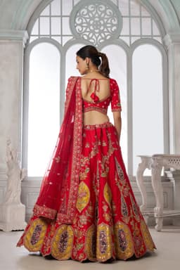Red Silk Multicolor Patch Zari Bridal Wedding Lehenga