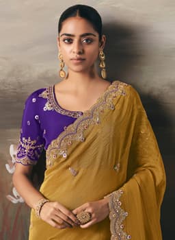 Mustard Yellow Tissue Zari Artisan Embroidered Saree