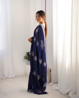Midnight Blue Satin Saree with Heavy Beads Handwork