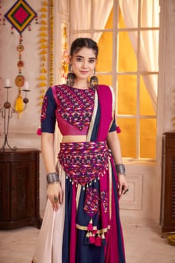 Navy Blue Kutchi Patch Mirror Work Navratri Lehenga Choli