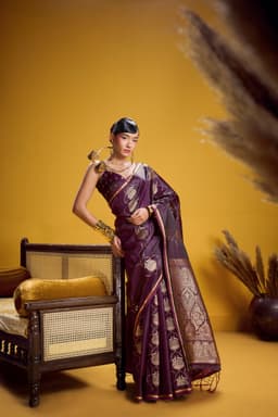 Plum Banarasi Style Saree with Gold Floral Weaving