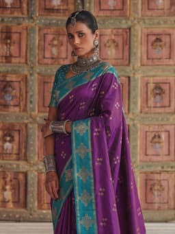 Purple Soft Silk Saree with Teal Woven Border